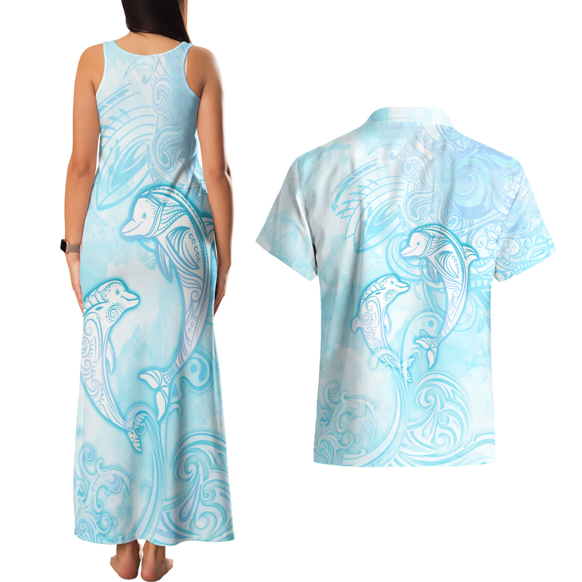 Polynesia Dolphins Under The Sea Couples Matching Tank Maxi Dress and Hawaiian Shirt Simple Style LT05 - Polynesian Pride