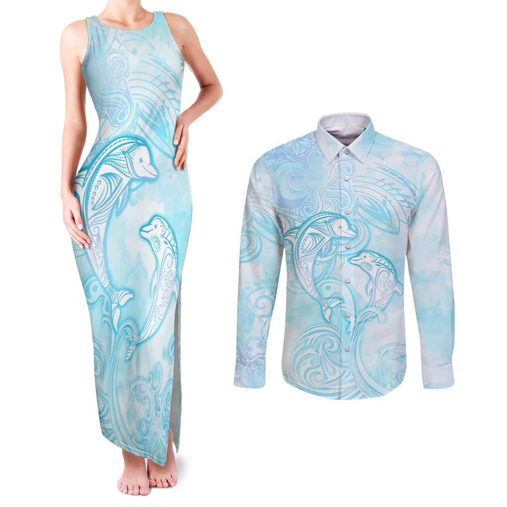 Polynesia Dolphins Under The Sea Couples Matching Tank Maxi Dress and Long Sleeve Button Shirt Simple Style LT05 Baby Blue - Polynesian Pride