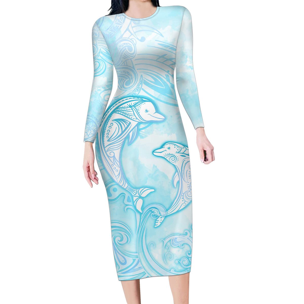 Polynesia Dolphins Under The Sea Family Matching Long Sleeve Bodycon Dress and Hawaiian Shirt Simple Style LT05 Mom's Dress Baby Blue - Polynesian Pride