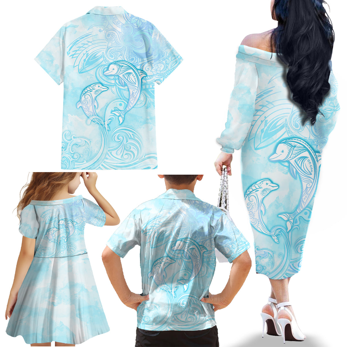 Polynesia Dolphins Under The Sea Family Matching Off Shoulder Long Sleeve Dress and Hawaiian Shirt Simple Style LT05 - Polynesian Pride
