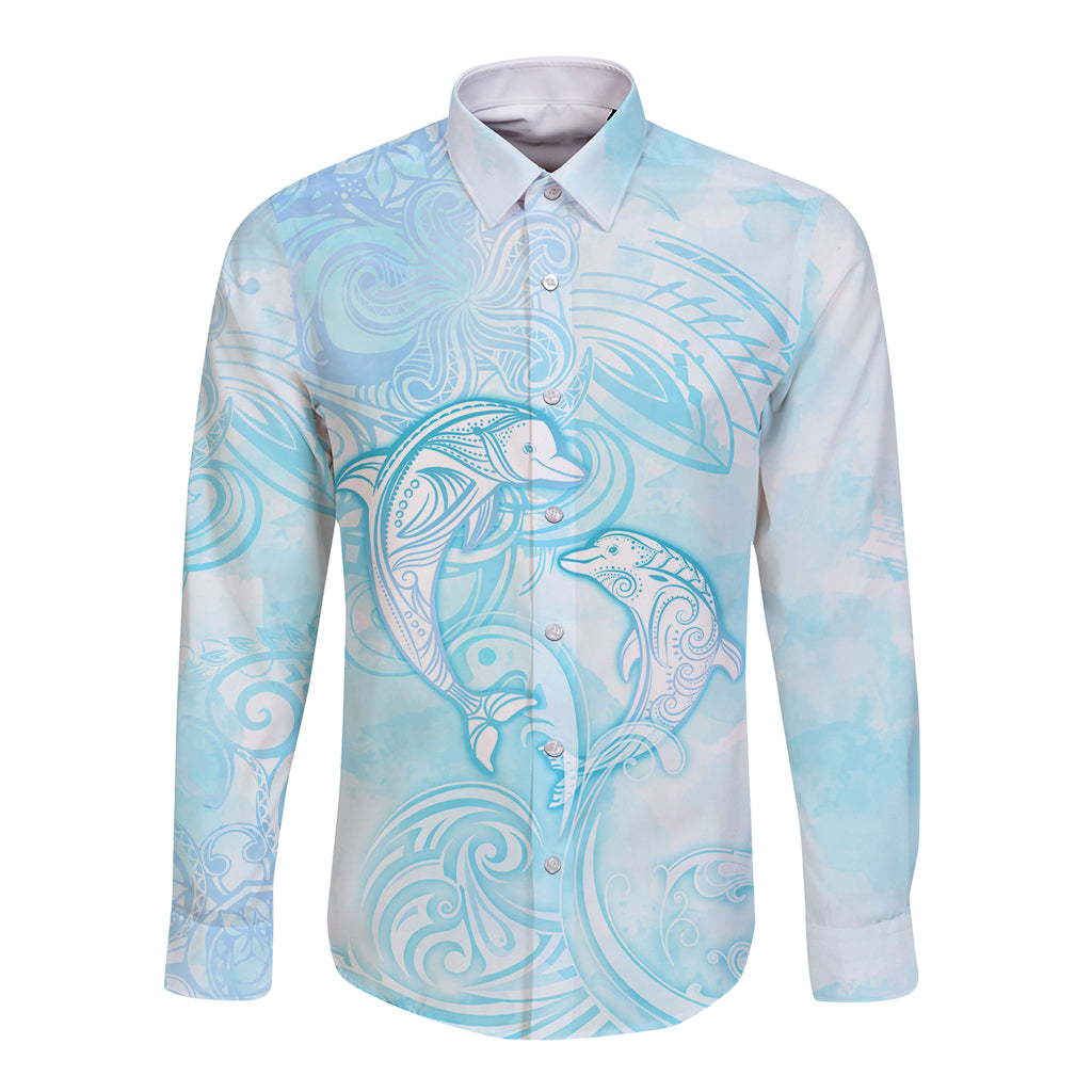 Polynesia Dolphins Under The Sea Long Sleeve Button Shirt Simple Style LT05 Unisex Baby Blue - Polynesian Pride
