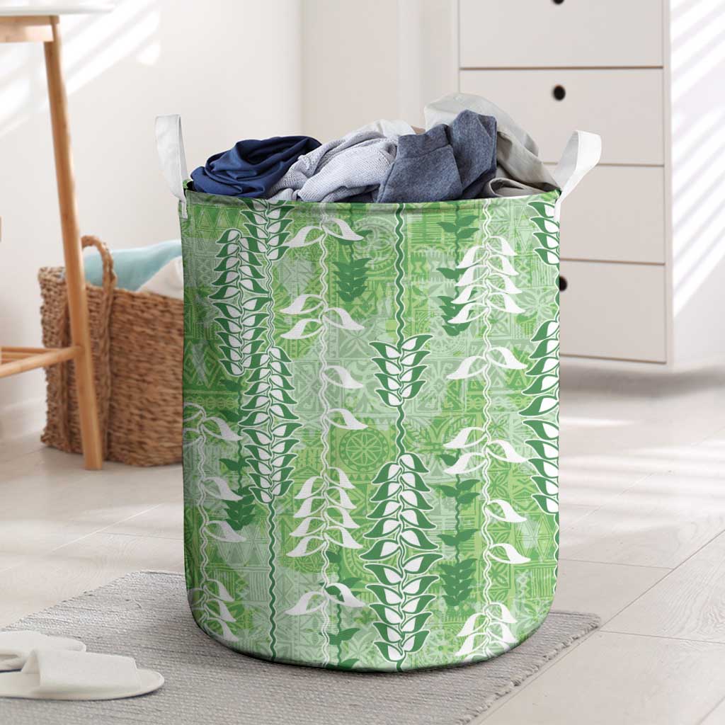Green Hawaii Tapa Pattern Laundry Basket With Heliconia Vintage Style