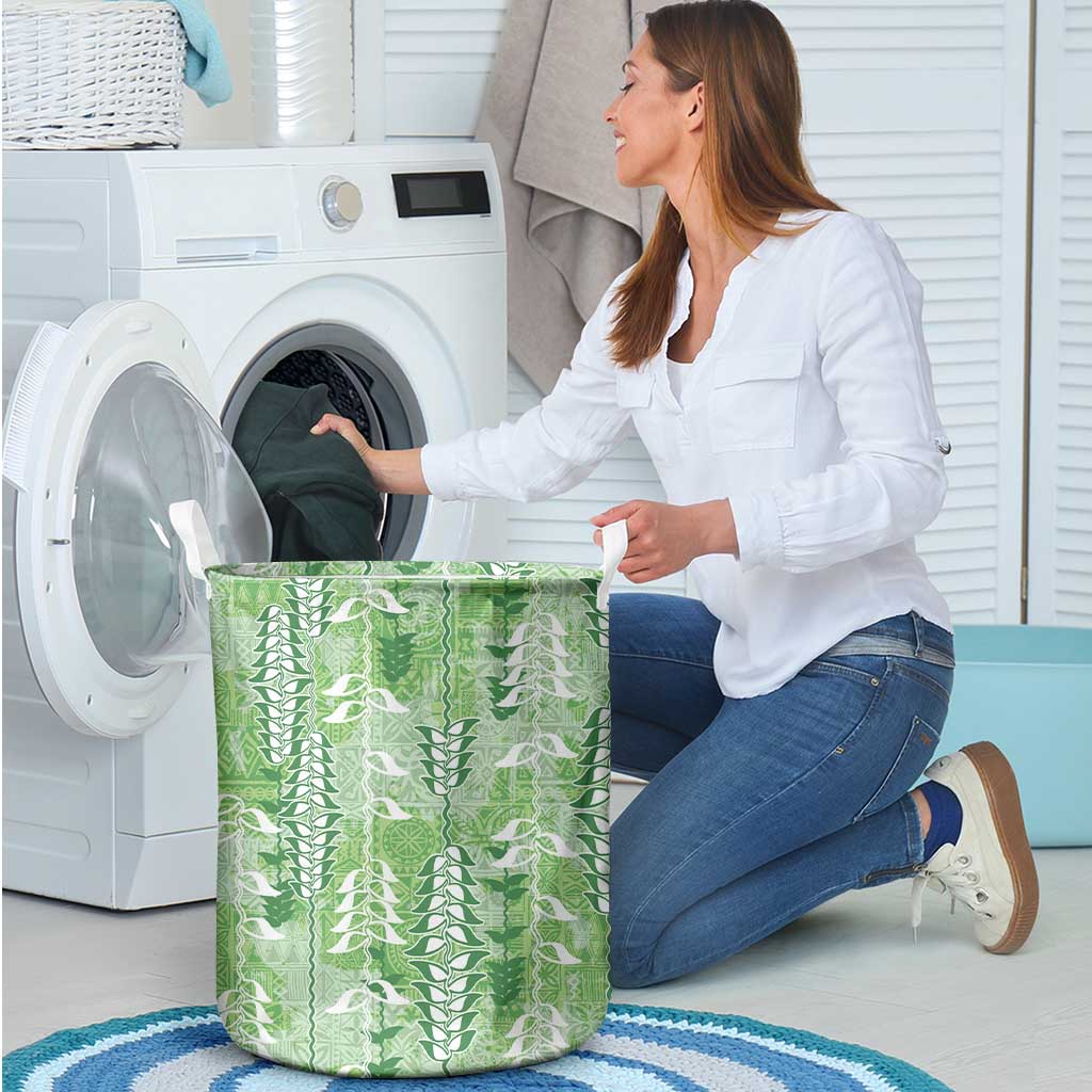 Green Hawaii Tapa Pattern Laundry Basket With Heliconia Vintage Style