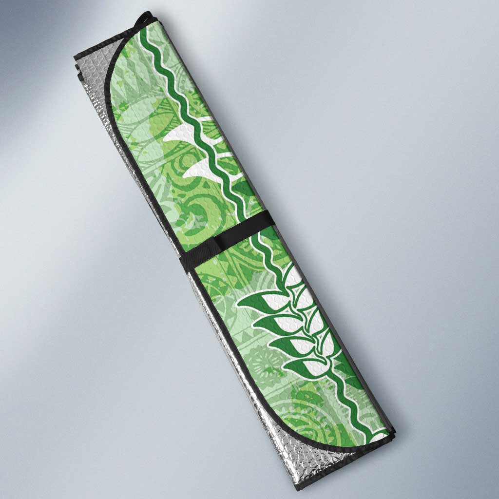 Green Hawaii Tapa Pattern Auto Sun Shade With Heliconia Vintage Style