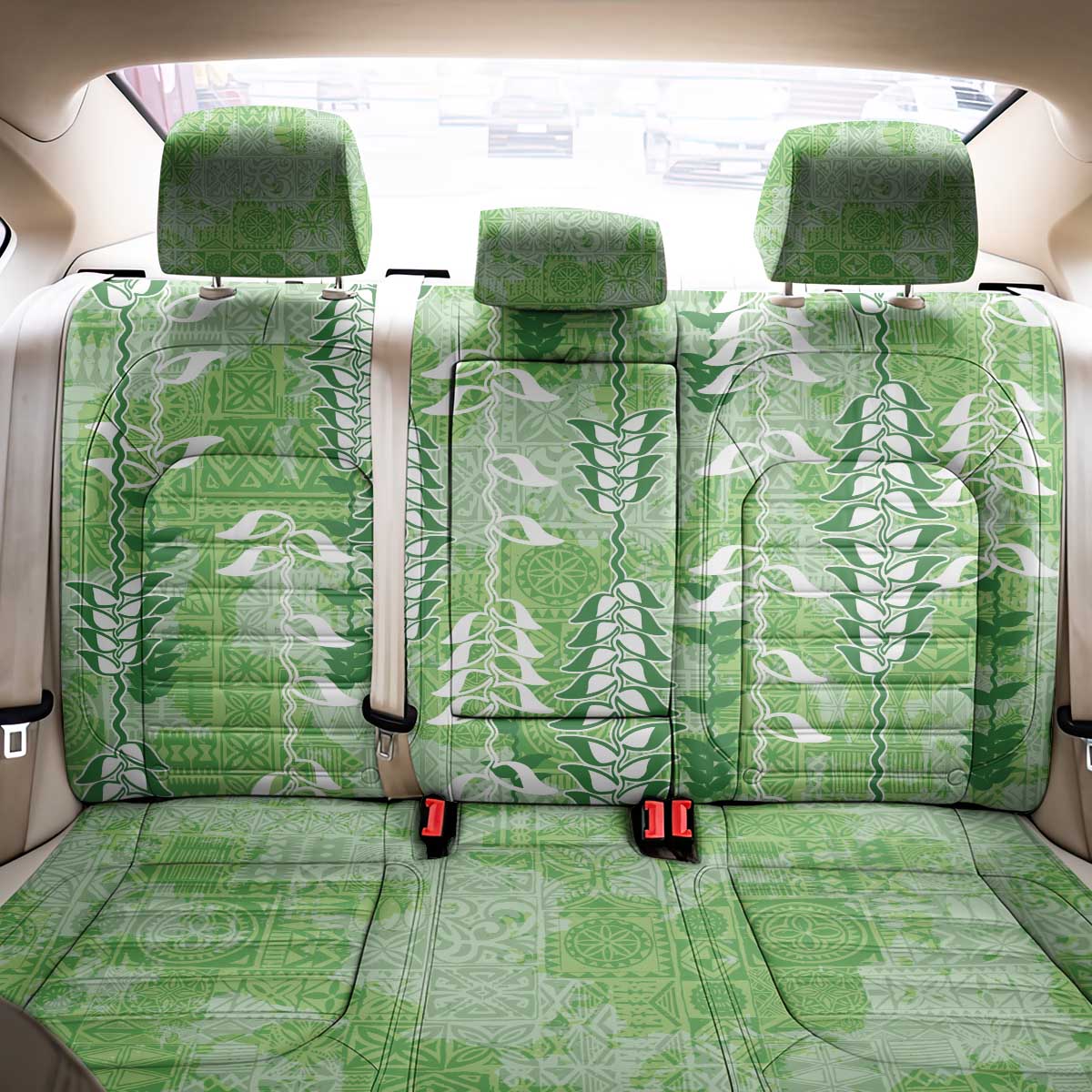 Green Hawaii Tapa Pattern Back Car Seat Cover With Heliconia Vintage Style