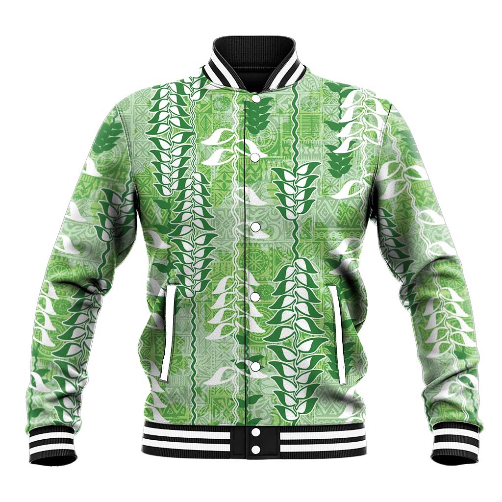 Green Hawaii Tapa Pattern Baseball Jacket With Heliconia Vintage Style