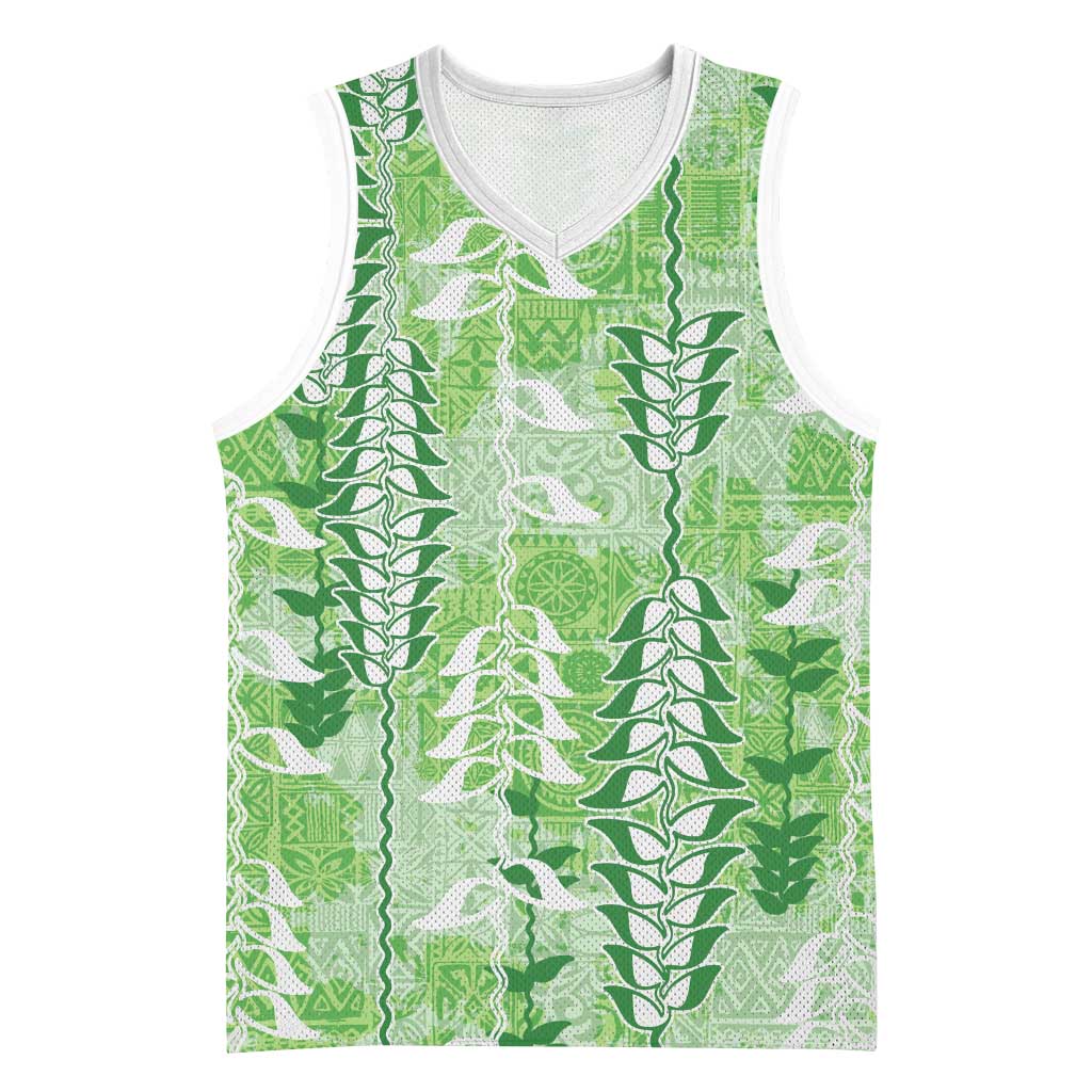 Green Hawaii Tapa Pattern Basketball Jersey With Heliconia Vintage Style