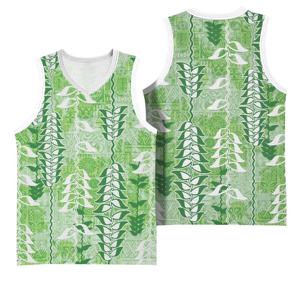 Green Hawaii Tapa Pattern Basketball Jersey With Heliconia Vintage Style