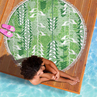 Green Hawaii Tapa Pattern Beach Blanket With Heliconia Vintage Style