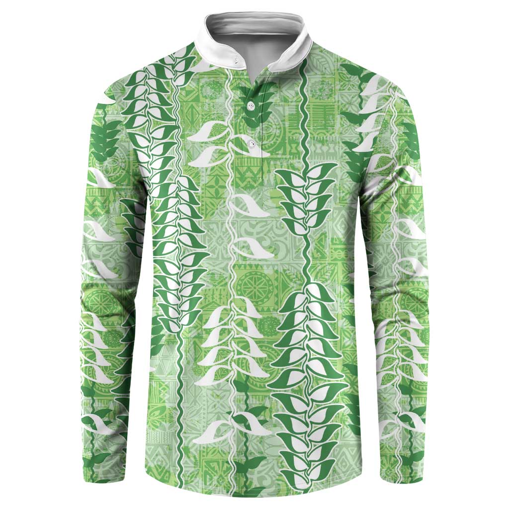 Green Hawaii Tapa Pattern Button Sweatshirt With Heliconia Vintage Style