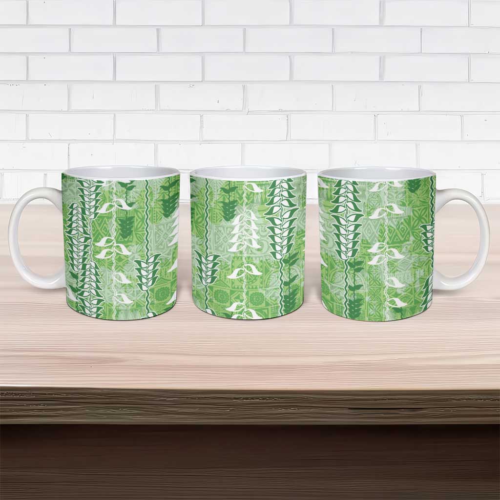 Green Hawaii Tapa Pattern Ceramic Mug With Heliconia Vintage Style