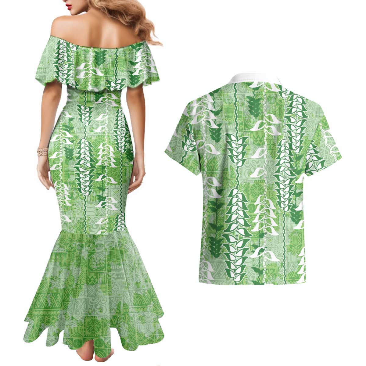 Green Hawaii Tapa Pattern Couples Matching Mermaid Dress and Hawaiian Shirt With Heliconia Vintage Style