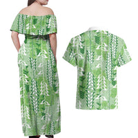 Green Hawaii Tapa Pattern Couples Matching Off Shoulder Maxi Dress and Hawaiian Shirt With Heliconia Vintage Style