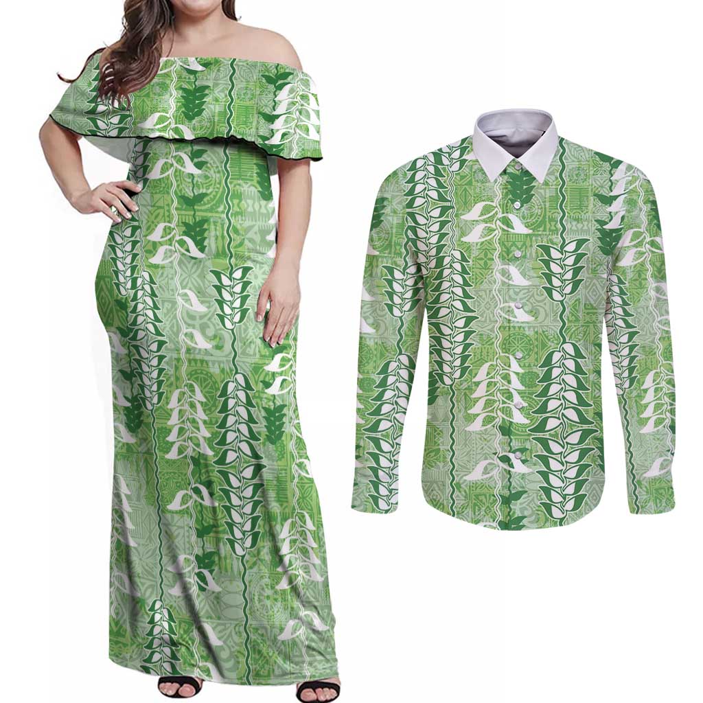 Green Hawaii Tapa Pattern Couples Matching Off Shoulder Maxi Dress and Long Sleeve Button Shirt With Heliconia Vintage Style
