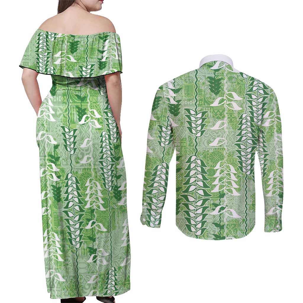Green Hawaii Tapa Pattern Couples Matching Off Shoulder Maxi Dress and Long Sleeve Button Shirt With Heliconia Vintage Style
