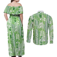 Green Hawaii Tapa Pattern Couples Matching Off Shoulder Maxi Dress and Long Sleeve Button Shirt With Heliconia Vintage Style