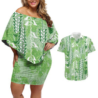 Green Hawaii Tapa Pattern Couples Matching Off Shoulder Short Dress and Hawaiian Shirt With Heliconia Vintage Style