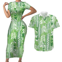 Green Hawaii Tapa Pattern Couples Matching Short Sleeve Bodycon Dress and Hawaiian Shirt With Heliconia Vintage Style