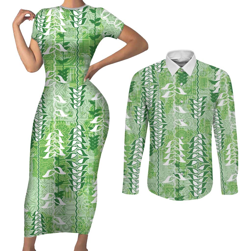 Green Hawaii Tapa Pattern Couples Matching Short Sleeve Bodycon Dress and Long Sleeve Button Shirt With Heliconia Vintage Style