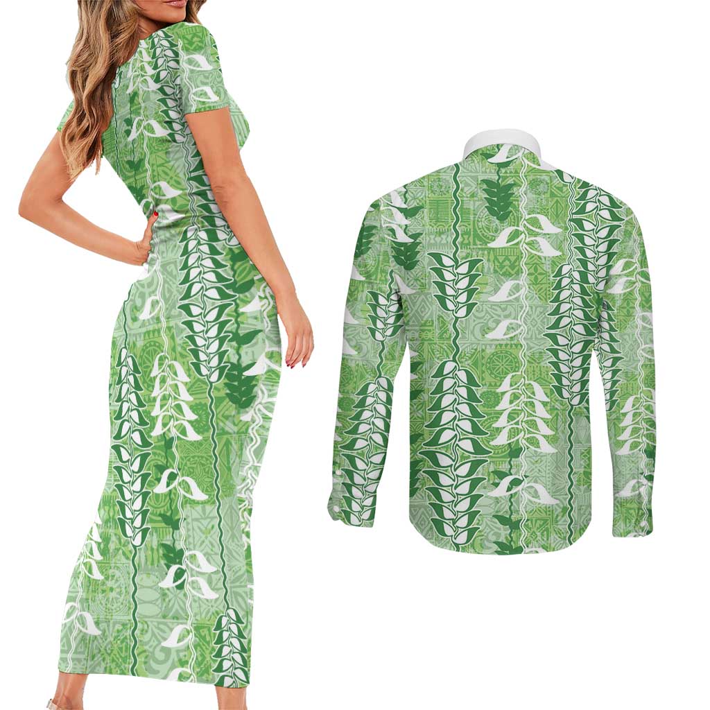 Green Hawaii Tapa Pattern Couples Matching Short Sleeve Bodycon Dress and Long Sleeve Button Shirt With Heliconia Vintage Style