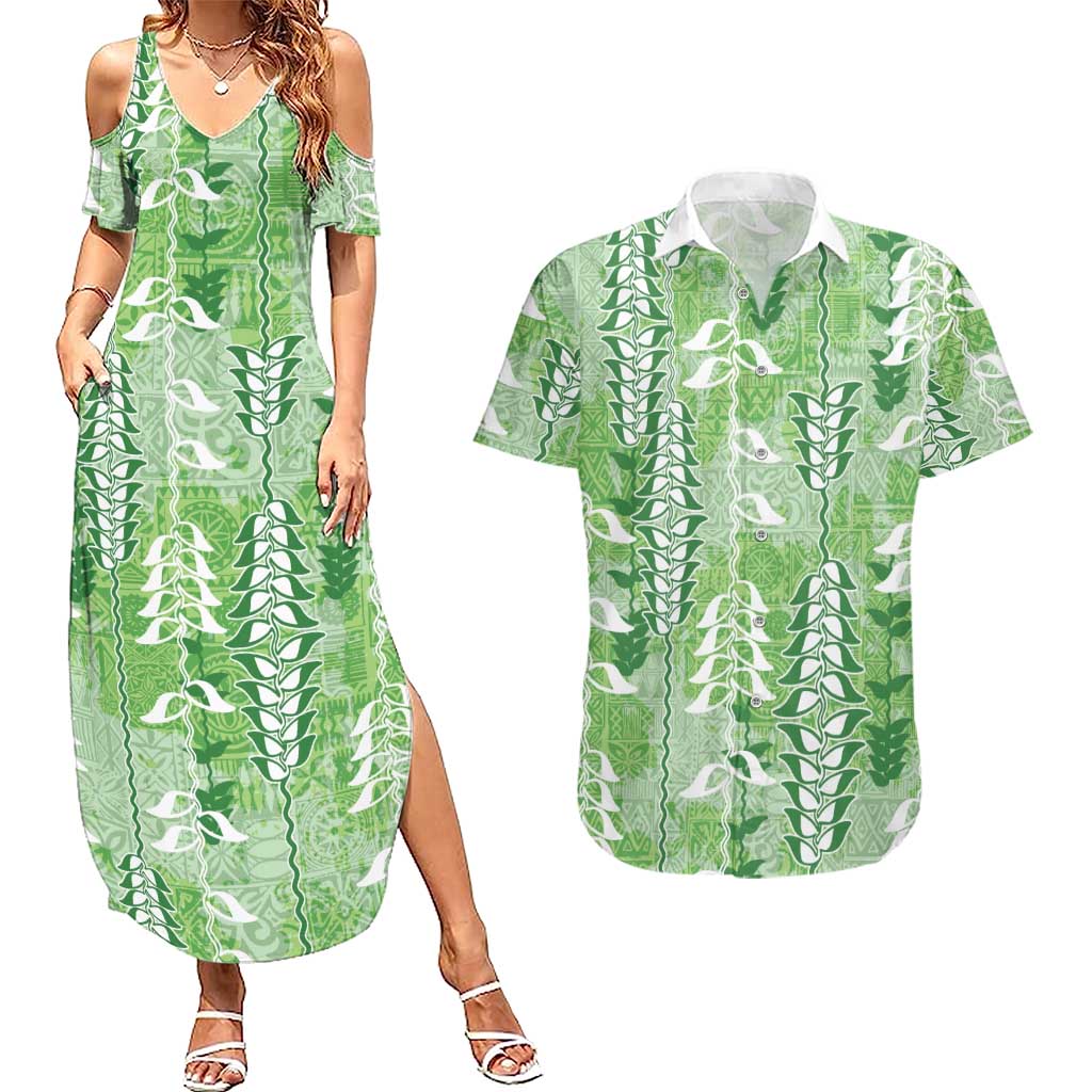 Green Hawaii Tapa Pattern Couples Matching Summer Maxi Dress and Hawaiian Shirt With Heliconia Vintage Style
