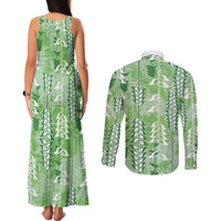 Green Hawaii Tapa Pattern Couples Matching Tank Maxi Dress and Long Sleeve Button Shirt With Heliconia Vintage Style