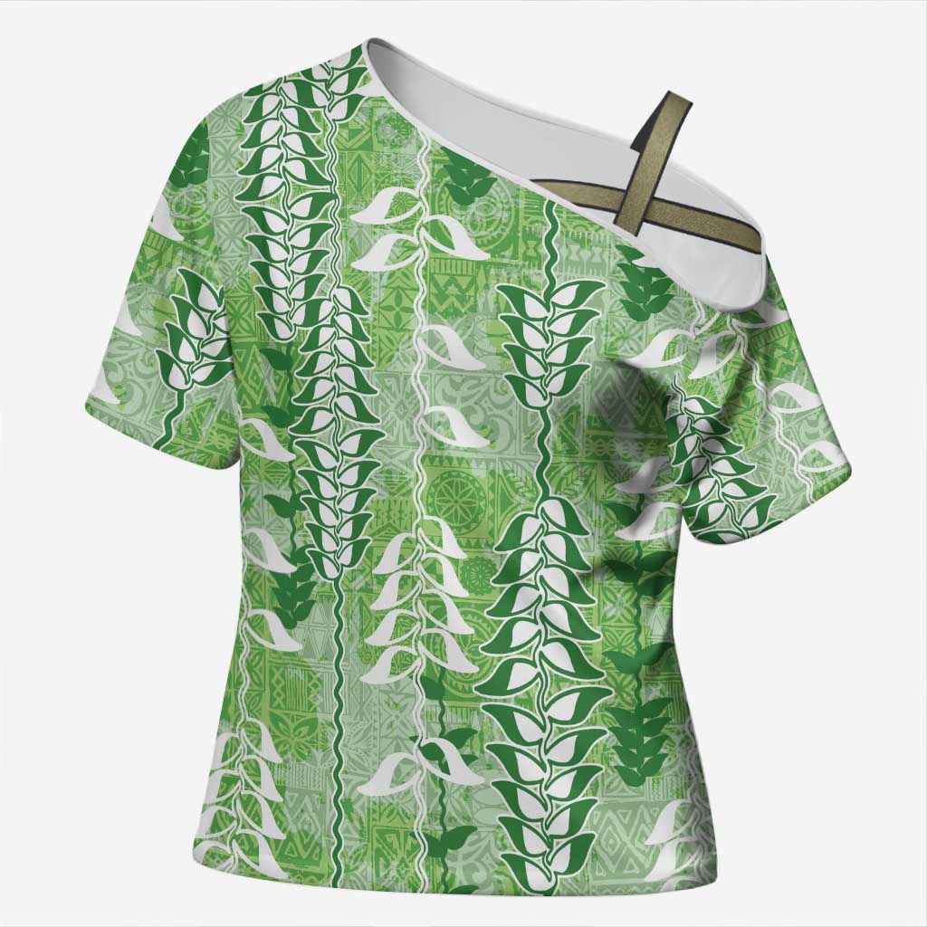 Green Hawaii Tapa Pattern Cross Shoulder Shirt With Heliconia Vintage Style