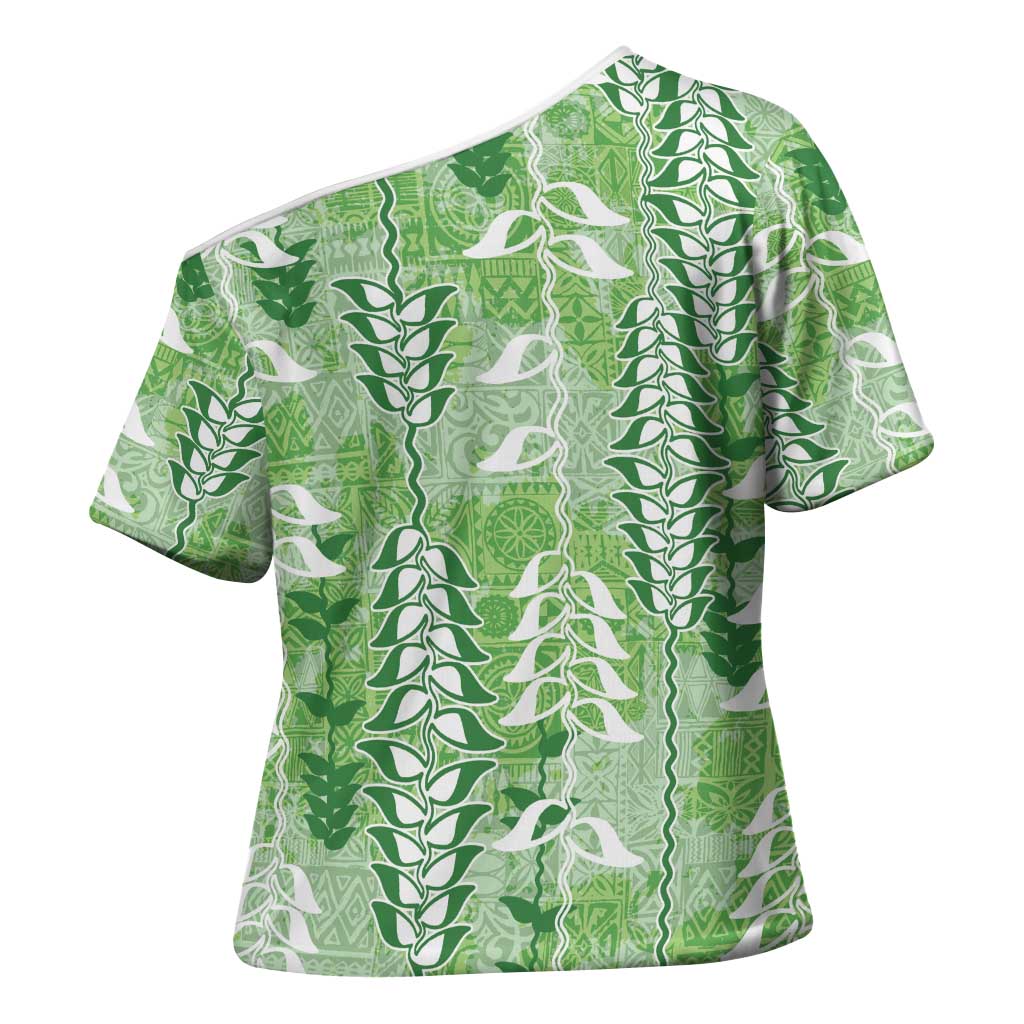 Green Hawaii Tapa Pattern Cross Shoulder Shirt With Heliconia Vintage Style