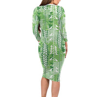 Green Hawaii Tapa Pattern Family Matching Long Sleeve Bodycon Dress and Hawaiian Shirt With Heliconia Vintage Style LT05 - Polynesian Pride