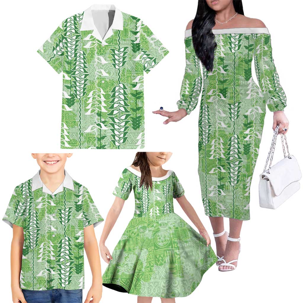 Green Hawaii Tapa Pattern Family Matching Off The Shoulder Long Sleeve Dress and Hawaiian Shirt With Heliconia Vintage Style LT05 - Polynesian Pride
