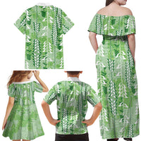 Green Hawaii Tapa Pattern Family Matching Off Shoulder Maxi Dress and Hawaiian Shirt With Heliconia Vintage Style LT05 - Polynesian Pride