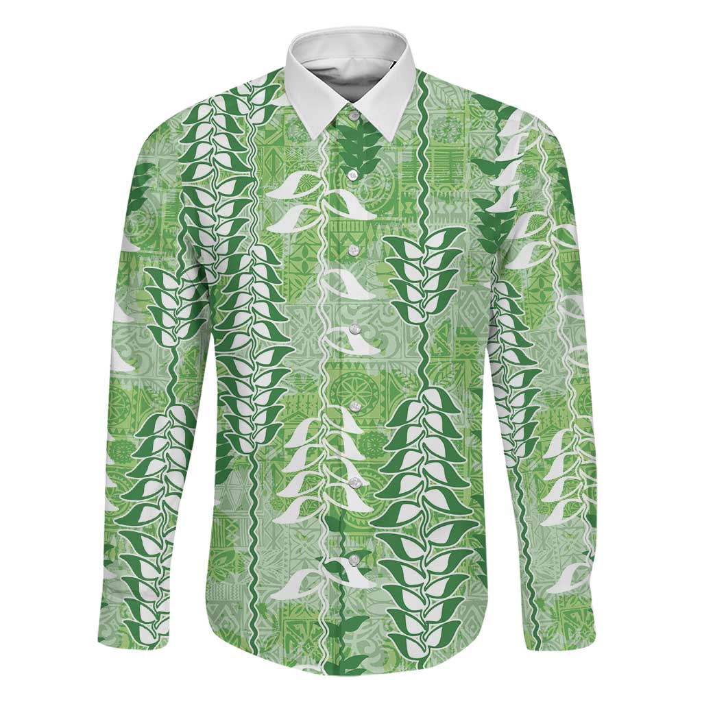 Green Hawaii Tapa Pattern Family Matching Off Shoulder Maxi Dress and Hawaiian Shirt With Heliconia Vintage Style LT05 Dad's Shirt - Long Sleeve Green - Polynesian Pride