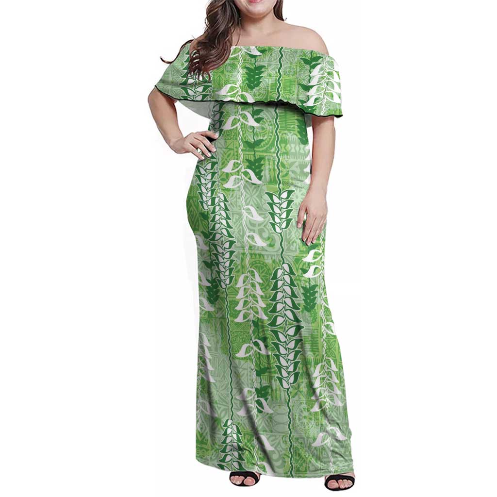 Green Hawaii Tapa Pattern Family Matching Off Shoulder Maxi Dress and Hawaiian Shirt With Heliconia Vintage Style LT05 Mom's Dress Green - Polynesian Pride