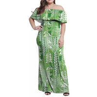 Green Hawaii Tapa Pattern Family Matching Off Shoulder Maxi Dress and Hawaiian Shirt With Heliconia Vintage Style LT05 Mom's Dress Green - Polynesian Pride