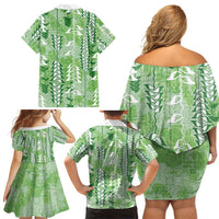 Green Hawaii Tapa Pattern Family Matching Off Shoulder Short Dress and Hawaiian Shirt With Heliconia Vintage Style LT05 - Polynesian Pride