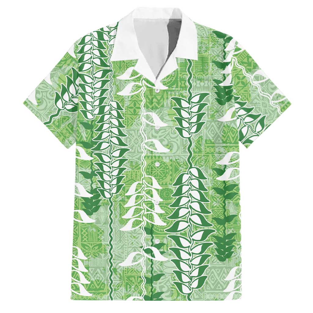 Green Hawaii Tapa Pattern Family Matching Off Shoulder Short Dress and Hawaiian Shirt With Heliconia Vintage Style LT05 Dad's Shirt - Short Sleeve Green - Polynesian Pride