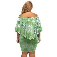 Green Hawaii Tapa Pattern Family Matching Off Shoulder Short Dress and Hawaiian Shirt With Heliconia Vintage Style LT05 - Polynesian Pride