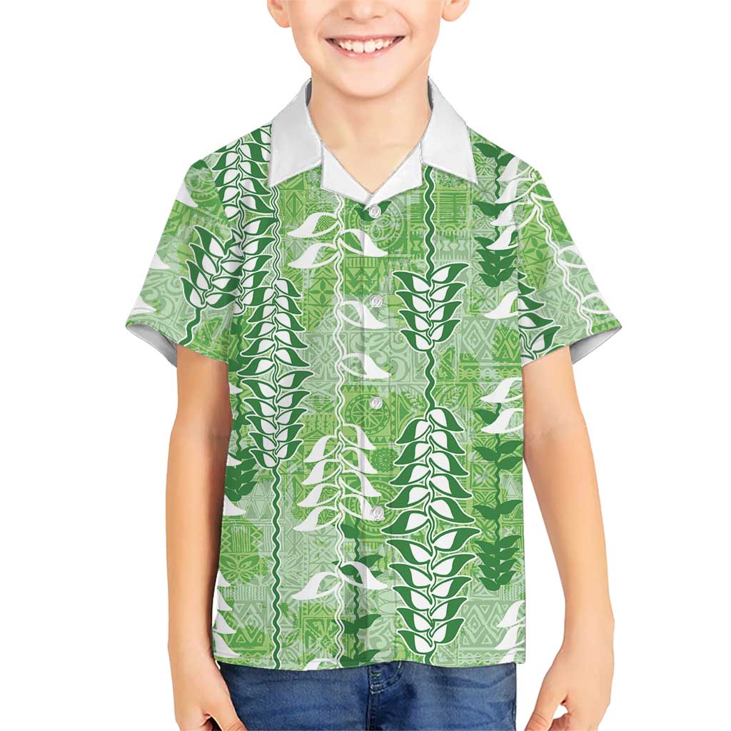 Green Hawaii Tapa Pattern Family Matching Off Shoulder Short Dress and Hawaiian Shirt With Heliconia Vintage Style LT05 Son's Shirt Green - Polynesian Pride