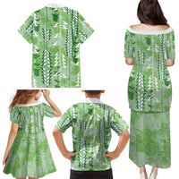 Green Hawaii Tapa Pattern Family Matching Puletasi and Hawaiian Shirt With Heliconia Vintage Style