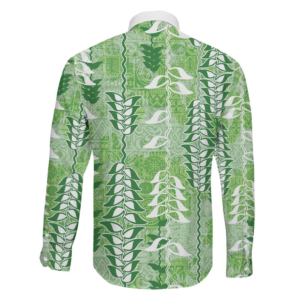 Green Hawaii Tapa Pattern Family Matching Puletasi and Hawaiian Shirt With Heliconia Vintage Style
