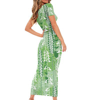 Green Hawaii Tapa Pattern Family Matching Short Sleeve Bodycon Dress and Hawaiian Shirt With Heliconia Vintage Style LT05 - Polynesian Pride