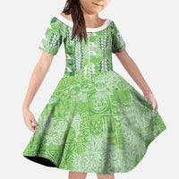 Green Hawaii Tapa Pattern Family Matching Summer Maxi Dress and Hawaiian Shirt With Heliconia Vintage Style LT05 Daughter's Dress Green - Polynesian Pride