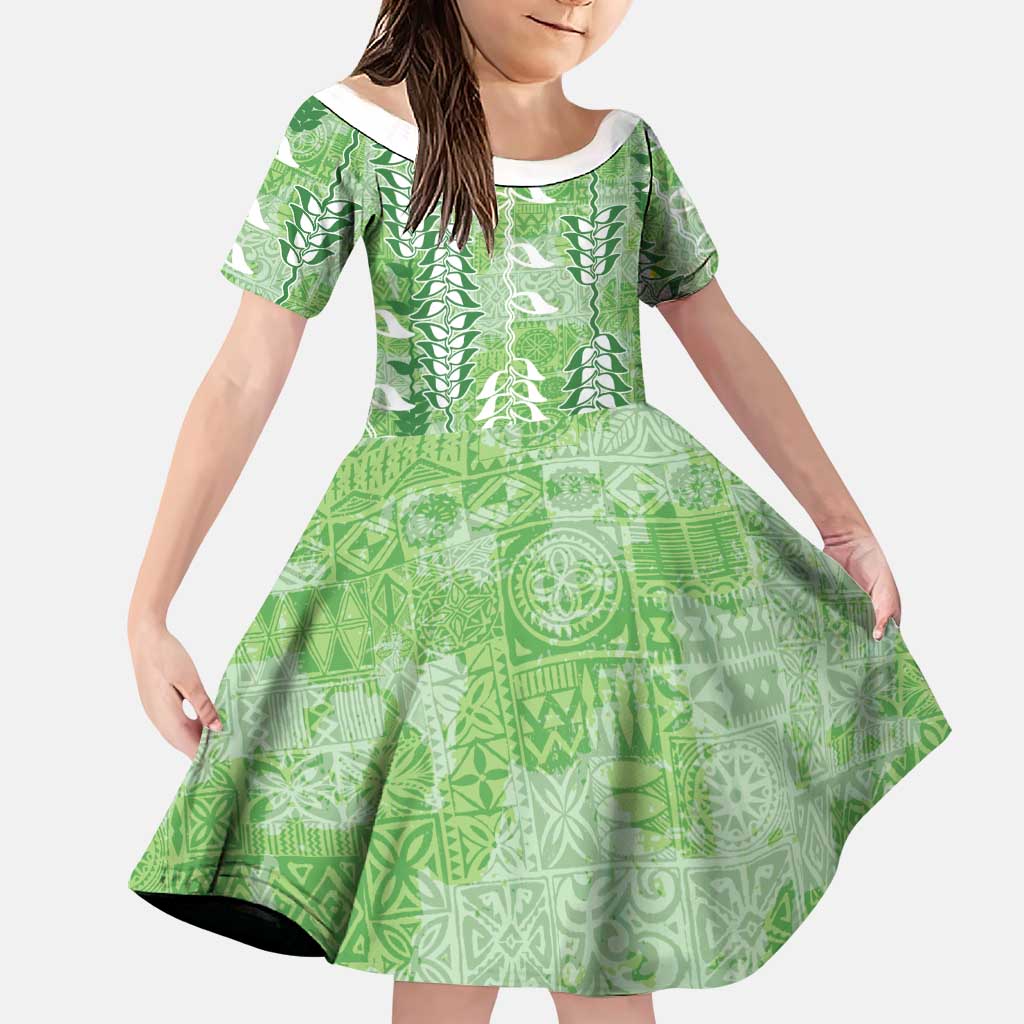 Green Hawaii Tapa Pattern Family Matching Tank Maxi Dress and Hawaiian Shirt With Heliconia Vintage Style LT05 Daughter's Dress Green - Polynesian Pride