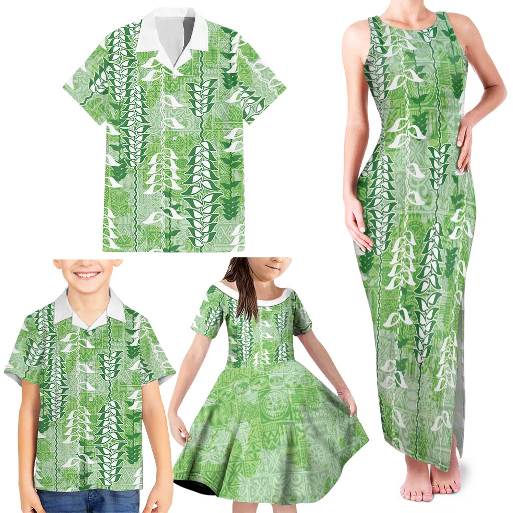 Green Hawaii Tapa Pattern Family Matching Tank Maxi Dress and Hawaiian Shirt With Heliconia Vintage Style