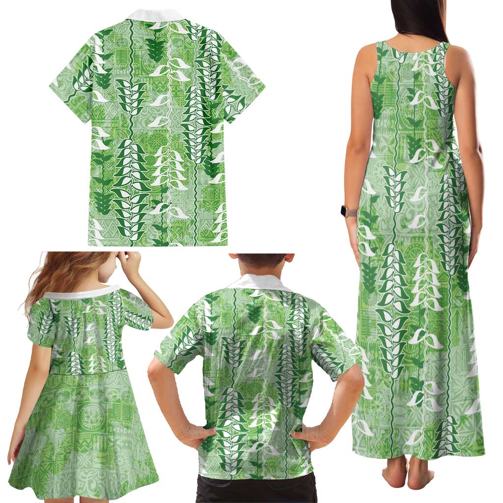 Green Hawaii Tapa Pattern Family Matching Tank Maxi Dress and Hawaiian Shirt With Heliconia Vintage Style LT05 - Polynesian Pride