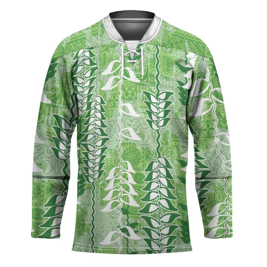 Green Hawaii Tapa Pattern Hockey Jersey With Heliconia Vintage Style