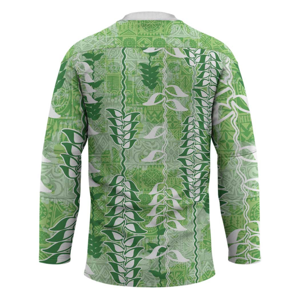 Green Hawaii Tapa Pattern Hockey Jersey With Heliconia Vintage Style