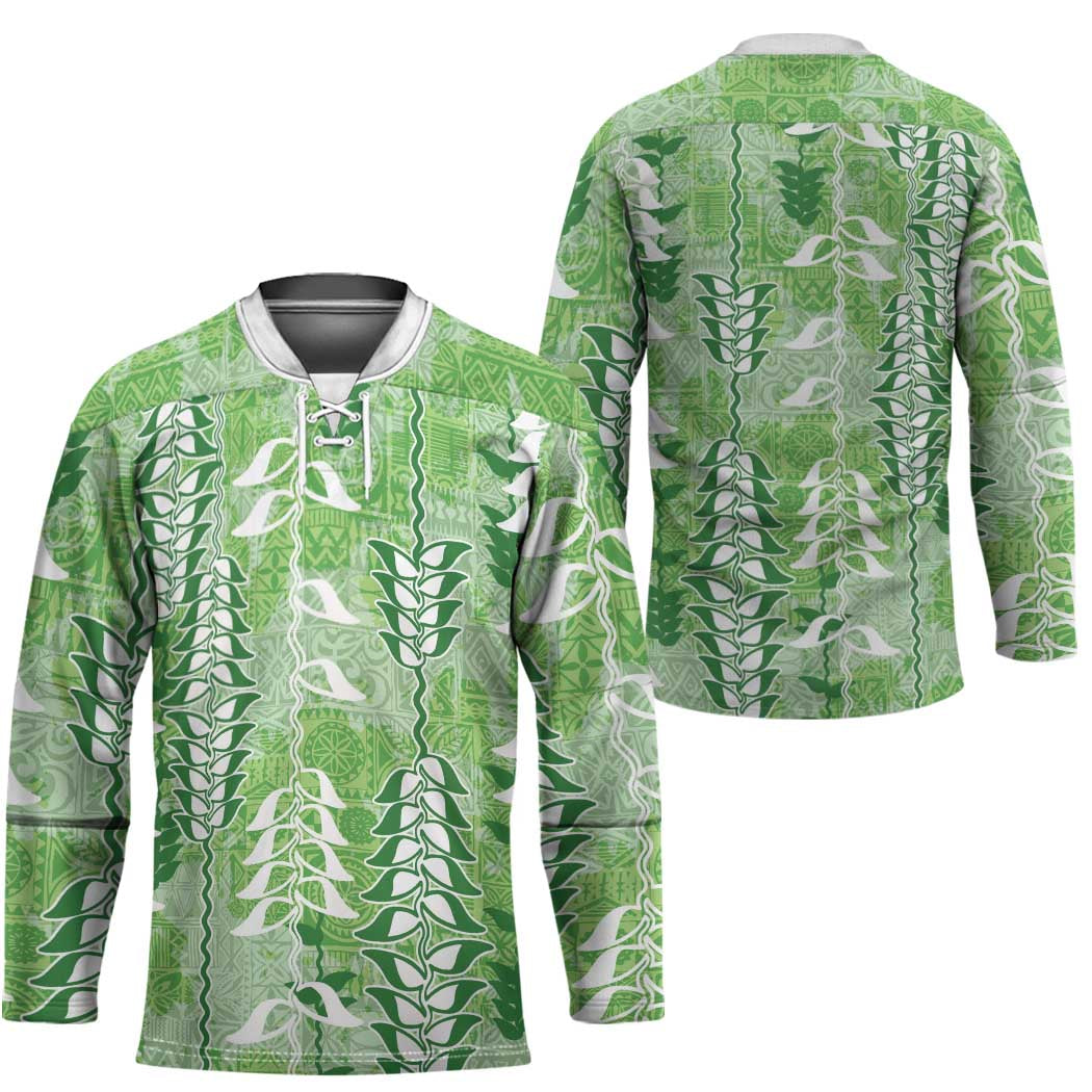 Green Hawaii Tapa Pattern Hockey Jersey With Heliconia Vintage Style