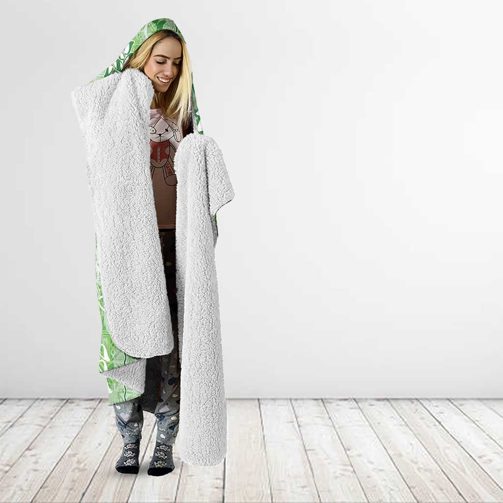 Green Hawaii Tapa Pattern Hooded Blanket With Heliconia Vintage Style
