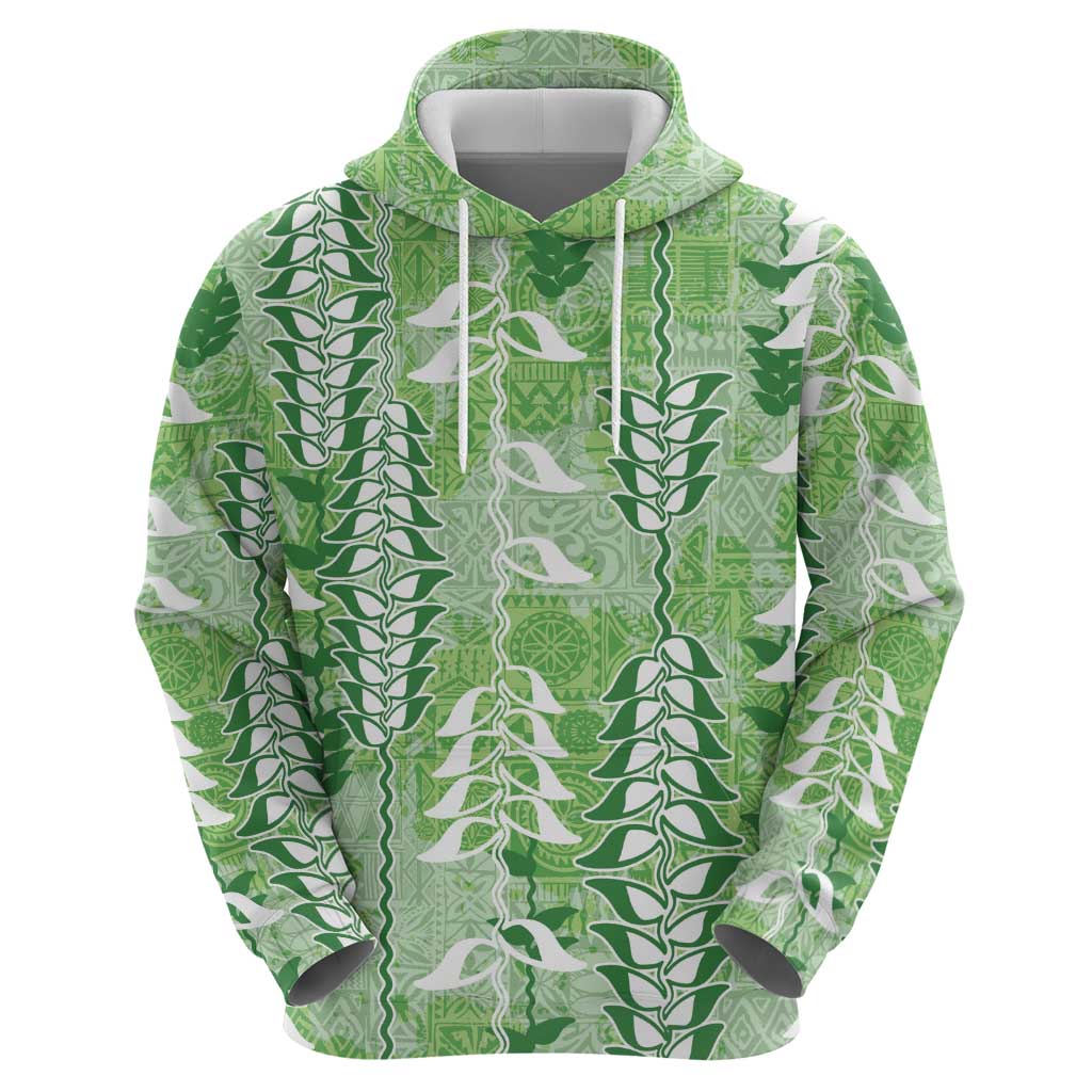 Green Hawaii Tapa Pattern Hoodie With Heliconia Vintage Style